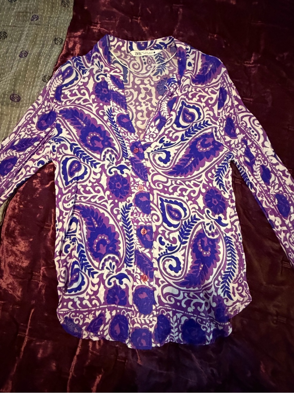 Zara Purple and White Paisley Print Top with Intricate Beading on cuffs
